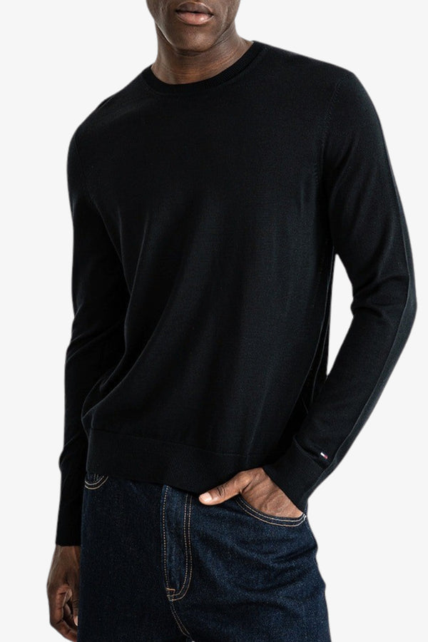 tommy hilfiger Maglione Girocollo In Lana Merino Con Logo Bandierina Ricamato Nero Uomo, foto 1