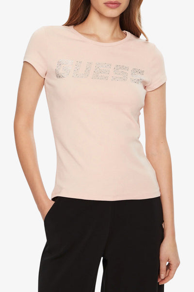guess T-Shirt Maniche Corte Logo Strass Kiara Rosa Donna