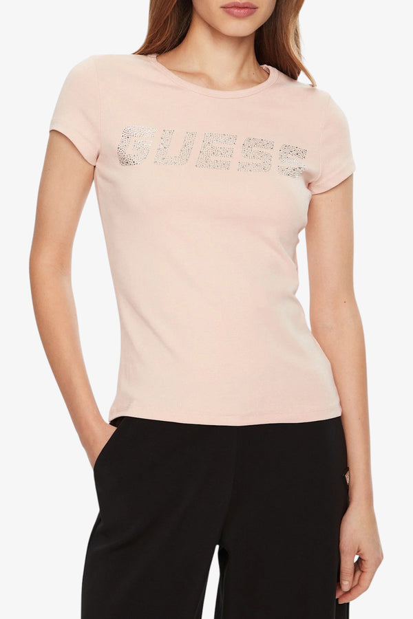 guess T-Shirt Maniche Corte Logo Strass Kiara Rosa Donna, foto 1