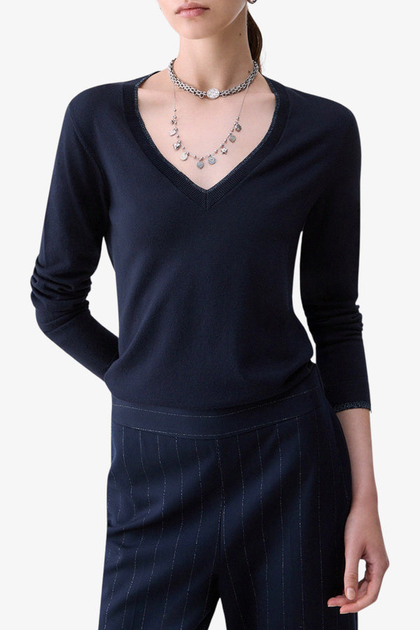 liu jo Maglione Leggero Profili Lurex Scollo A V Blu Donna, foto 1