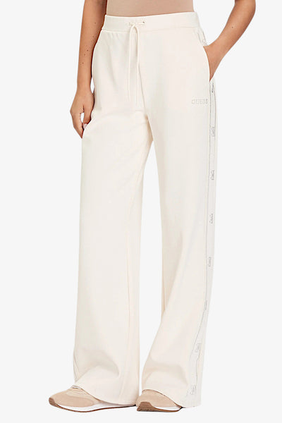guess Pantaloni Palazzo Bande Logo Con Borchiette Octavia Bianco Donna