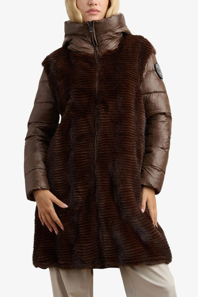 blauer Piumino Lungo Full Zip Con Cappuccio E Dettagli In Eco Pelliccia Aspen Marrone Donna