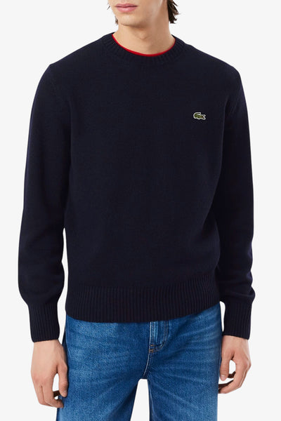 lacoste Maglione Girocollo In Lana Cardata Blu Uomo