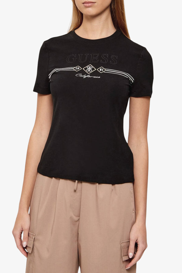 guess T-Shirt Maniche Corte Logo Con Stampa Ricami E Strass Febe Nero Donna, foto 1