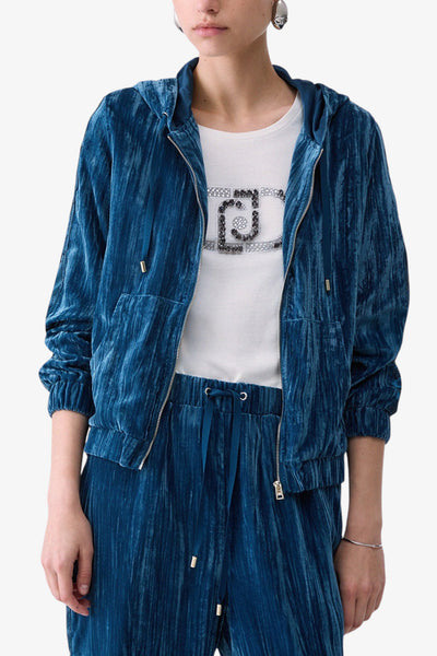 liu jo Felpa Full Zip Con Cappuccio In Velluto Con Bande Logo Strass E Raso Blu Donna, foto 1