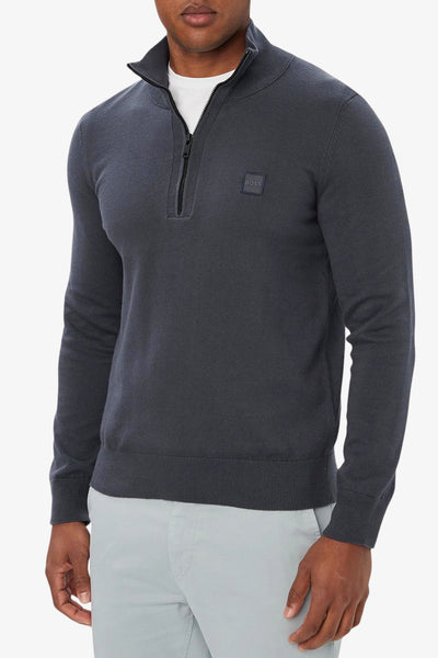 boss Maglione 1/2 Zip In Cotone E Cashmere Con Toppa Logo Grigio Uomo