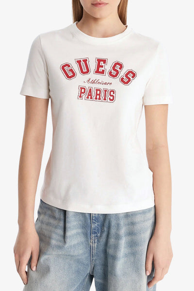 guess T-Shirt Maniche Corte Logo Stampato Con Strass Anita Bianco Donna