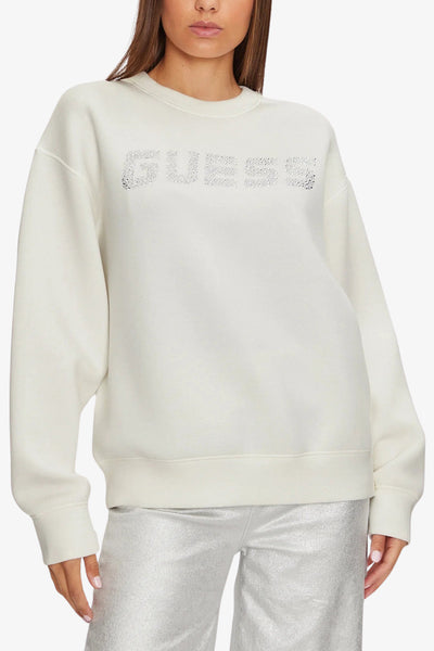 guess Felpa Girocollo Scuba Logo Strass Cecilia Bianco Donna