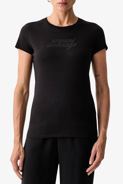 armani exchange T-Shirt Maniche Corte Logo Corsivo Con Strass Nero Donna
