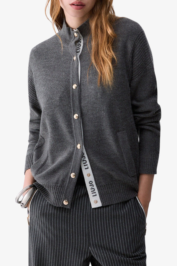 liu jo Cardigan In Misto Lana Con Banda Logata Grigio Donna, foto 1