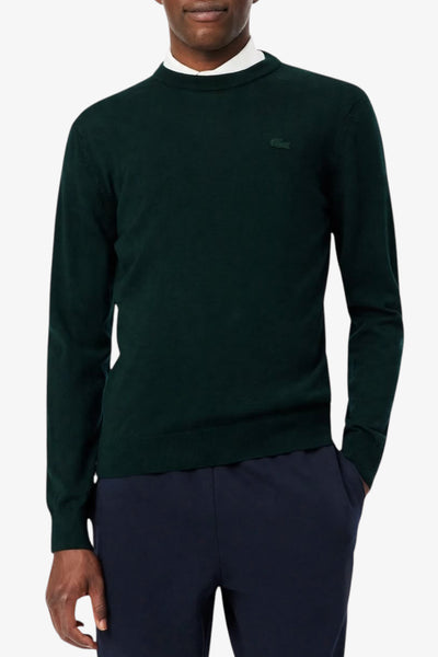 lacoste Maglione Girocollo In Lana Merino Logo Tono Su Tono Verde Uomo, foto 1