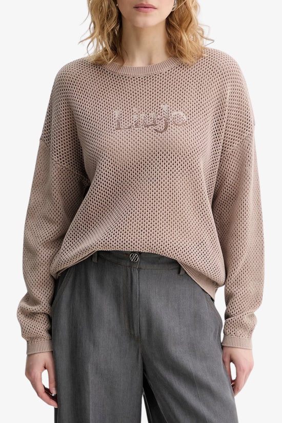  Maglione In Cotone Con Lavorazione Traforata Frontale E Logo Strass liu jo 