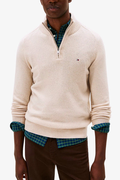 tommy hilfiger Maglione 1/2 Zip In Lana Con Logo Bandierina Ricamato Beige Uomo