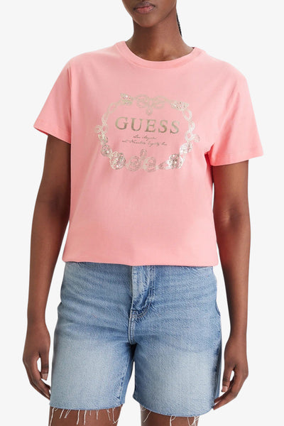 guess T-Shirt Maniche Corte Logo Stampa Metal Rosa Donna