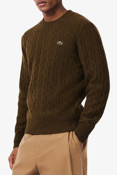 lacoste Maglione Girocollo A Trecce In Lana Cardata Marrone Uomo