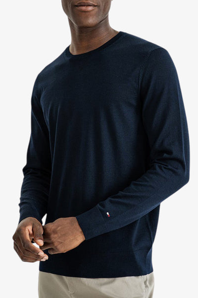 tommy hilfiger Maglione Girocollo In Lana Merino Con Logo Bandierina Ricamato Blu Uomo
