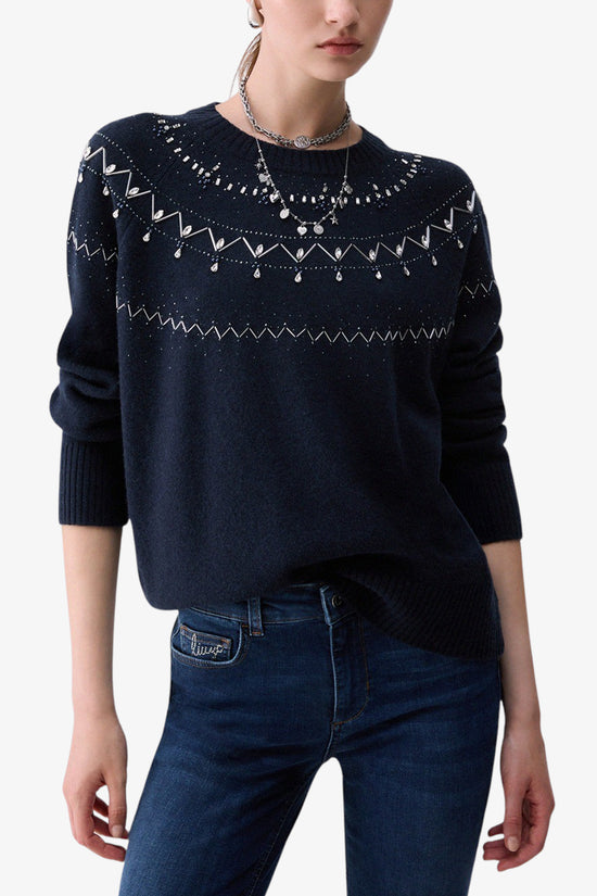  Maglione Girocollo In Lana Con Ricami Gioiello-liu jo-Blu-Special_-Wf6371 ms009 l9528-1  