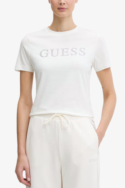 guess T-Shirt Maniche Corte Logo Borchiette Octavia Bianco Donna