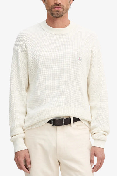 calvin klein jeans Maglione Girocollo Waffle Logo CK Bianco Uomo