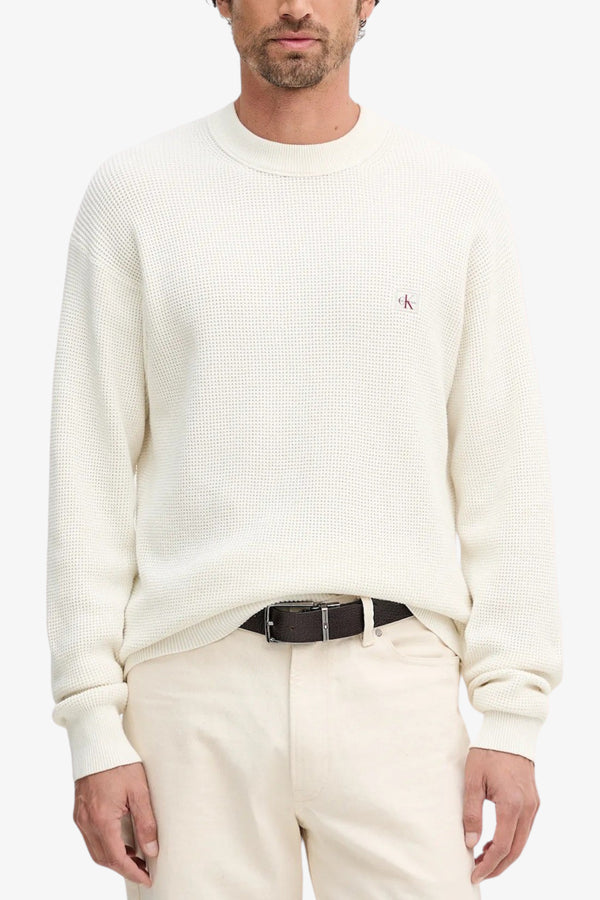 calvin klein jeans Maglione Girocollo Waffle Logo CK Bianco Uomo, foto 1
