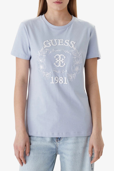 guess T-Shirt Maniche Corte Con Ricami Maddalena Blu Donna