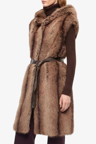 pinko Gilet Lungo Con Cappuccio In Eco Pelliccia Galearis Beige Donna, foto 1