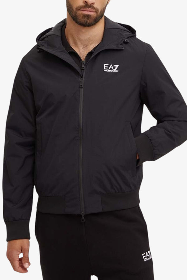emporio armani ea7 Giacca Full Zip Con Cappuccio Core Identity In Tessuto Tecnico Nero Uomo, foto 1
