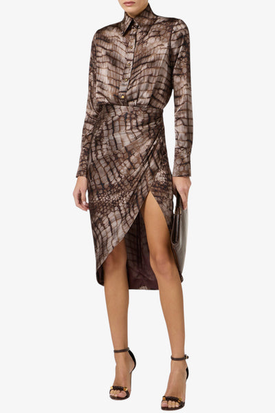 elisabetta franchi Vestito In Raso Stretch Con Stampa Alligatore Marrone Donna