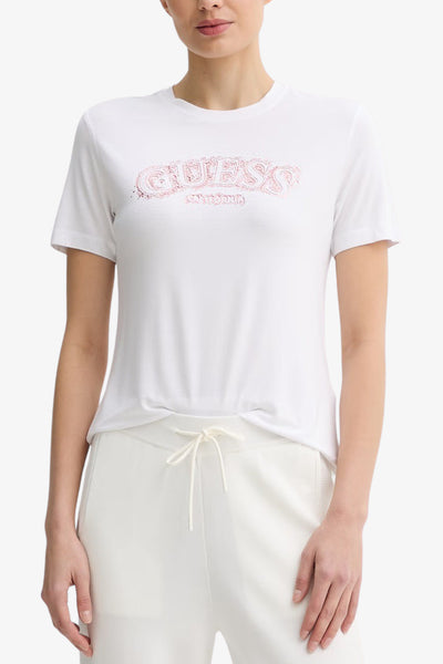 guess T-Shirt Maniche Corte Logo Metal Leona Bianco Donna