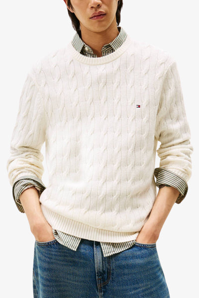 tommy hilfiger Maglione Girocollo In Lana Intrecciata Con Logo Bandierina Ricamato Bianco Uomo, foto 1