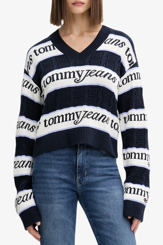  Maglione A Righe Con Scollo A V Logo All-Over tommy jeans 