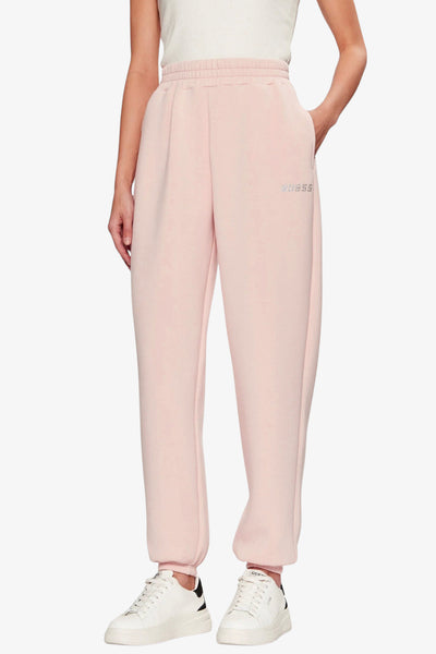 guess Pantaloni Logo Strass Cecilia Scuba Rosa Donna