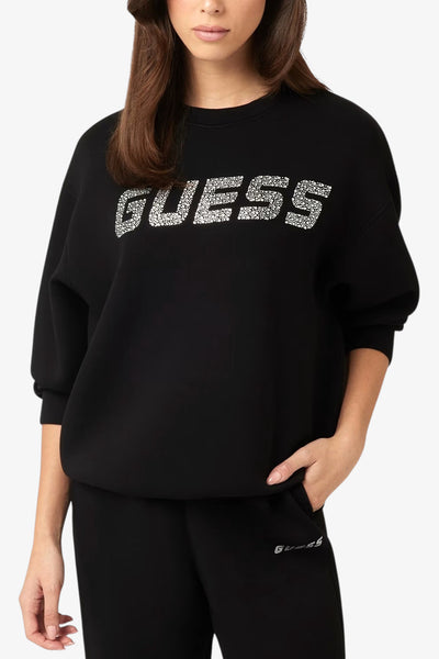 guess Felpa Girocollo Scuba Logo Strass Cecilia Nero Donna