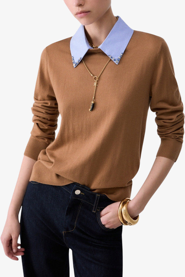 liu jo Maglione Girocollo Leggero Collo Camicia Staccabile Marrone Donna, foto 1