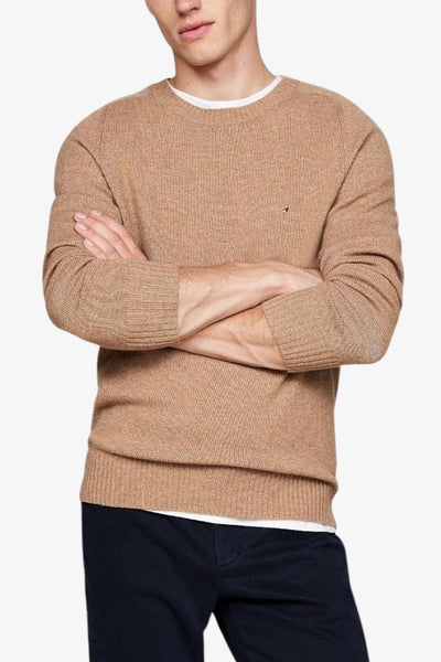 tommy hilfiger Maglione Girocollo In Lana Con Logo Bandierina Ricamato Beige Uomo