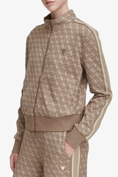 guess Felpa Full Zip Con Bande E Logo 4G All-Over Monaco Marrone Donna