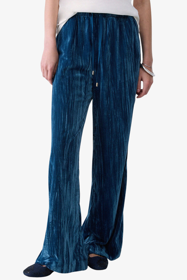 liu jo Pantaloni In Velluto Con Bande Logo Strass E Raso Blu Donna, foto 1