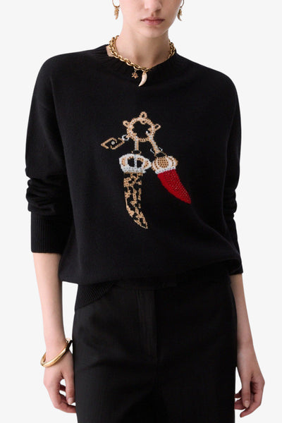 liu jo Maglione Girocollo Jacquard In Lana Con Charm Nero Donna, foto 1