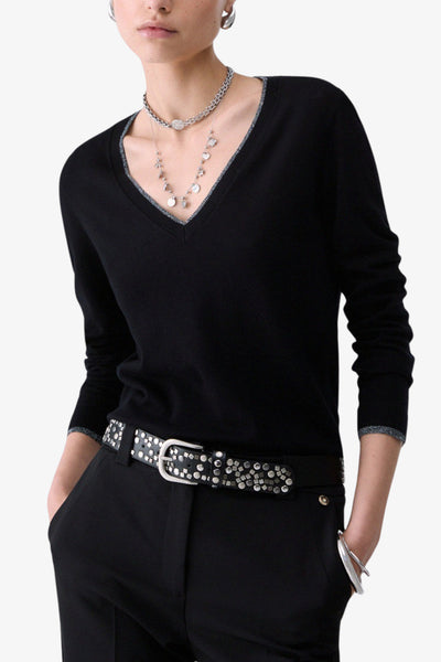 liu jo Maglione Leggero Profili Lurex Scollo A V Nero Donna