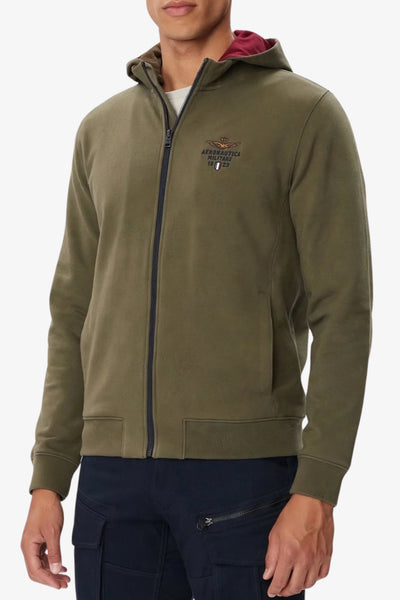 aeronautica militare Felpa Full Zip Con Cappuccio Interno Tricolore Removibile Verde Uomo