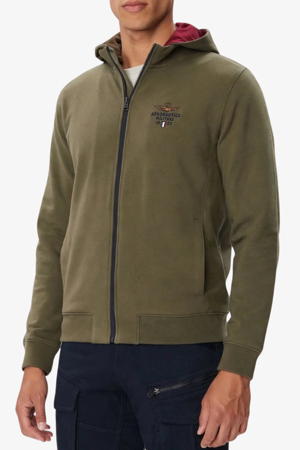 aeronautica militare Felpa Full Zip Con Cappuccio Interno Tricolore Removibile Verde Uomo, foto 1