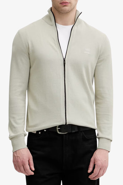 boss Cardigan Full Zip In Cotone E Cashmere Con Toppa Logo Beige Uomo