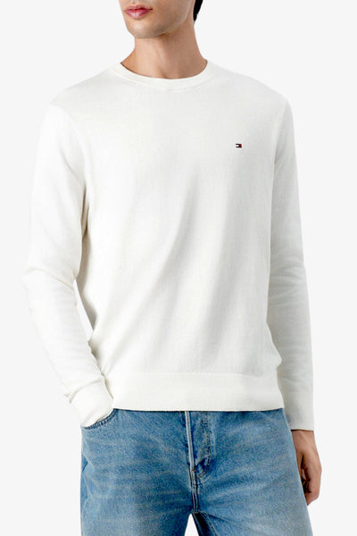 tommy hilfiger Maglione Girocollo In Misto Cashmere Con Logo Bandierina Ricamato Bianco Uomo