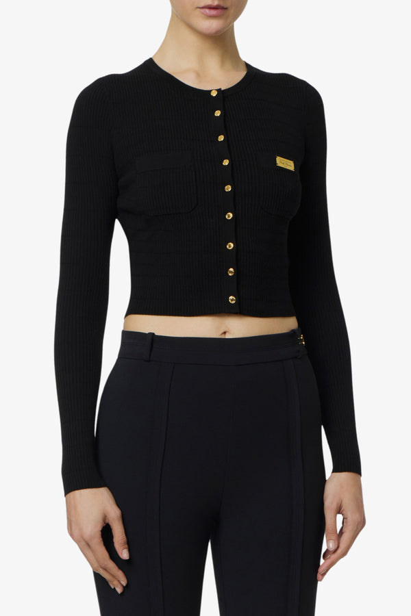 elisabetta franchi Cardigan In Maglia A Micro Trecce Con Bottoni Oro Nero Donna, foto 1