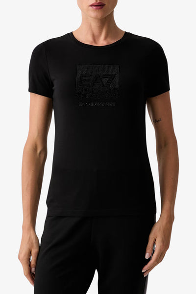 emporio armani ea7 T-Shirt Maniche Corte Logo Series Con Strass Nero Donna