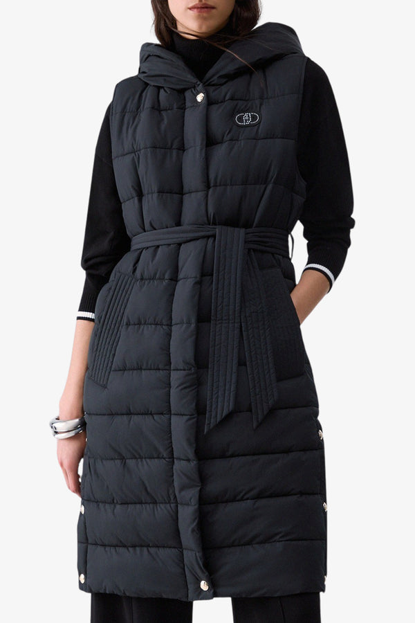liu jo Gilet Lungo Full Zip Con Cappuccio E Cintura Nero Donna, foto 1