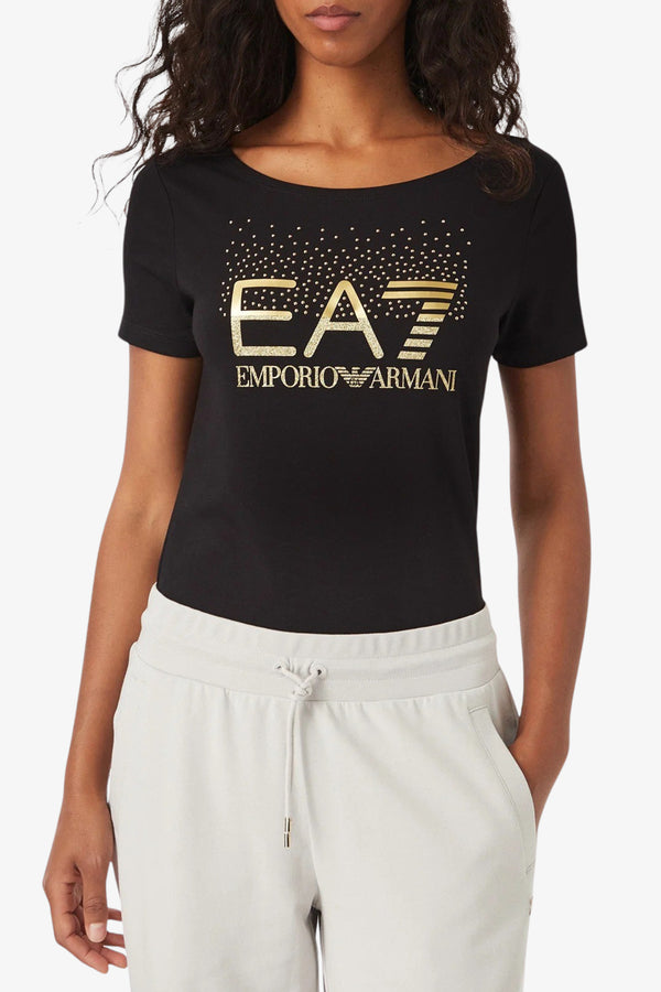 emporio armani ea7 T-Shirt Maniche Corte Logo Series Metallizzato Con Glitter E Borchie Nero Donna, foto 1