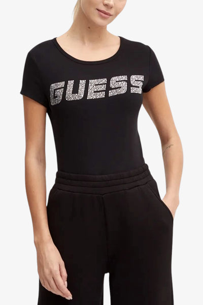 guess T-Shirt Maniche Corte Logo Strass Kiara Nero Donna, foto 1