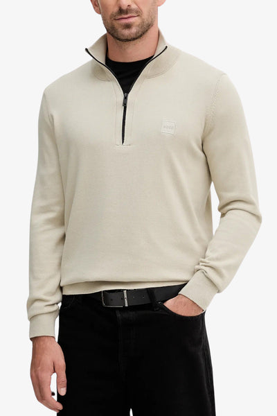 boss Maglione 1/2 Zip In Cotone E Cashmere Con Toppa Logo Beige Uomo