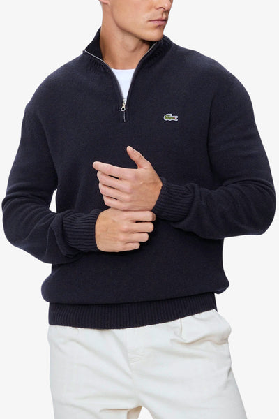 lacoste Maglione 1/2 Zip In Lana Cardata Blu Uomo